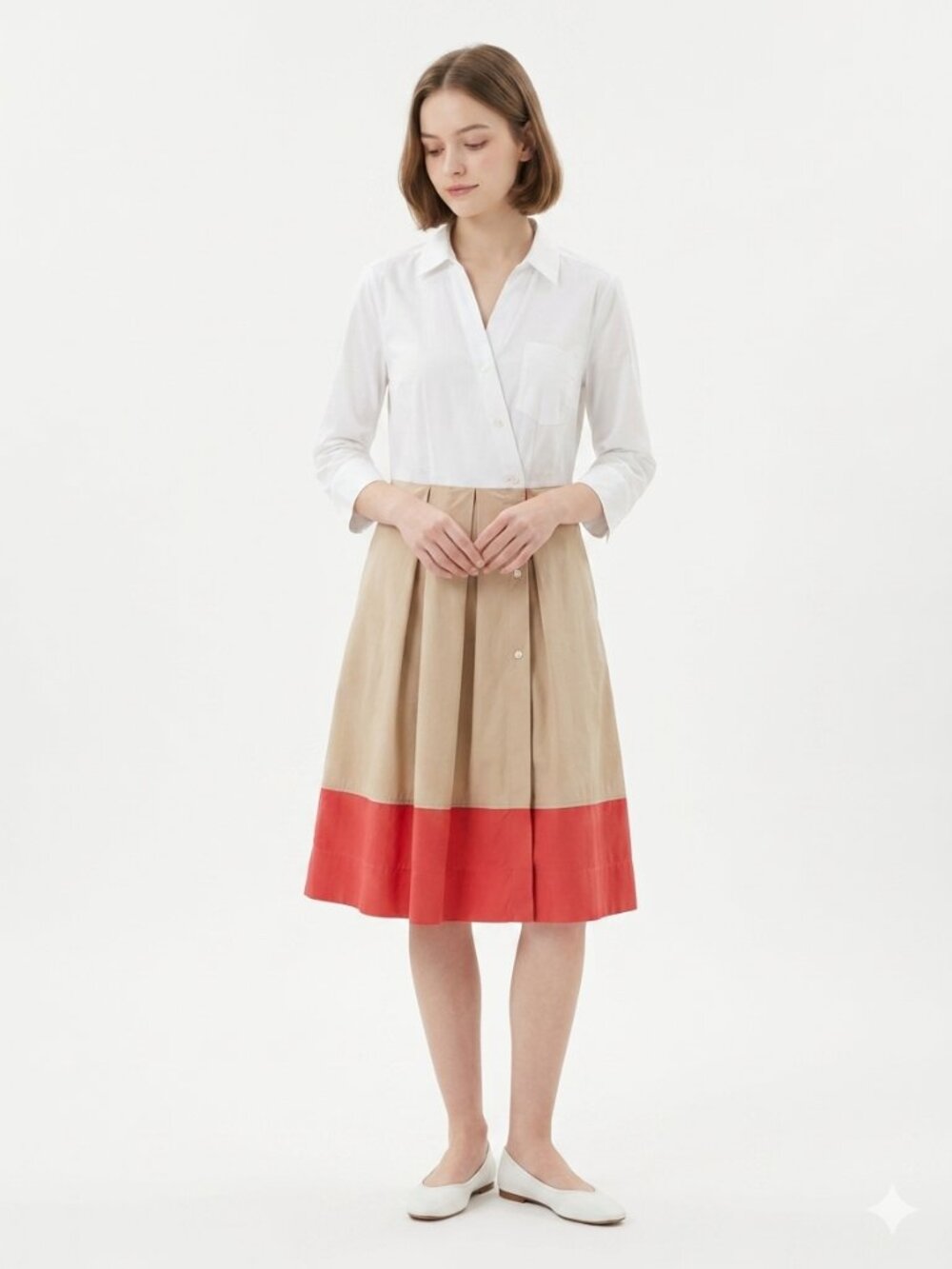 Calvin Klein Shirt Dress White Orange Pleated Colorblock Casual Office 12